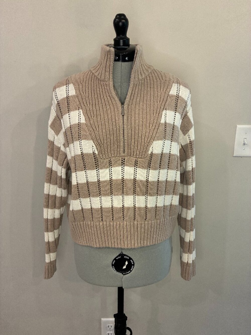 A New Day Beige White Striped Quarter Zip Knit Sweater | Women's Size Small